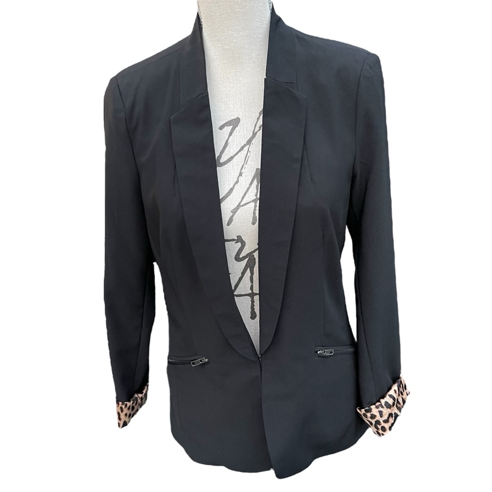 Daniel Rainn Black Zipper Pockets Hook/Eye Closure Leopard Lined Blazer (S)